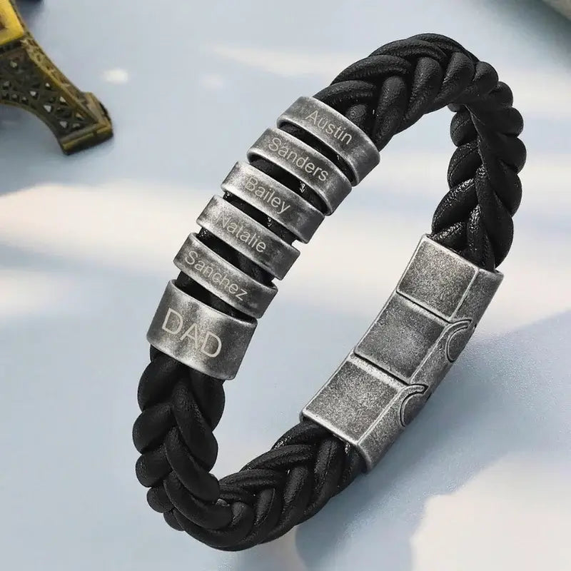 Personalised Men's Bracelet - Black Leather Engraved Beads Bracelet