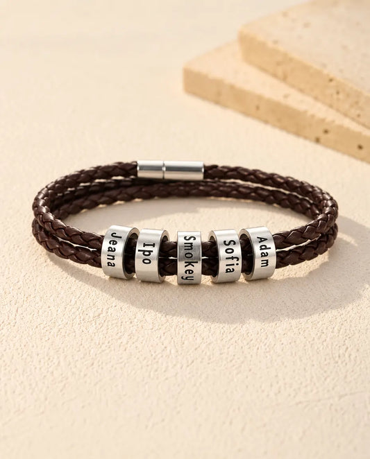 Personalised Men's Braided Leather Bracelet for Him - front view