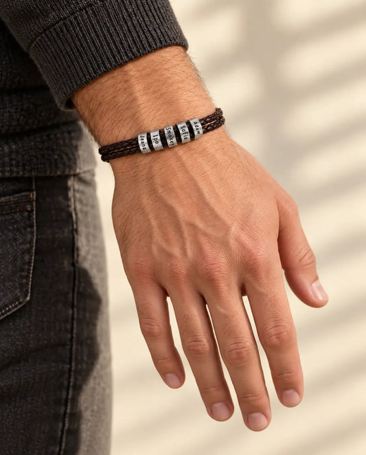 Personalised Men's Braided Leather Bracelet for Him - worn on a model