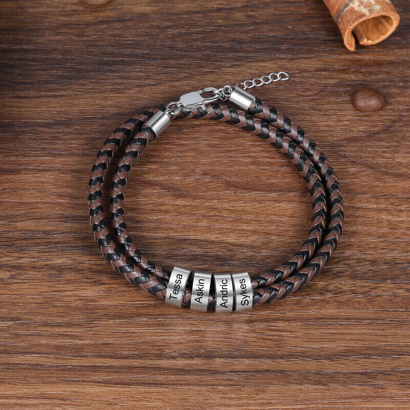 Personalised Men's Braided Leather Engraved Beads Name Bracelet