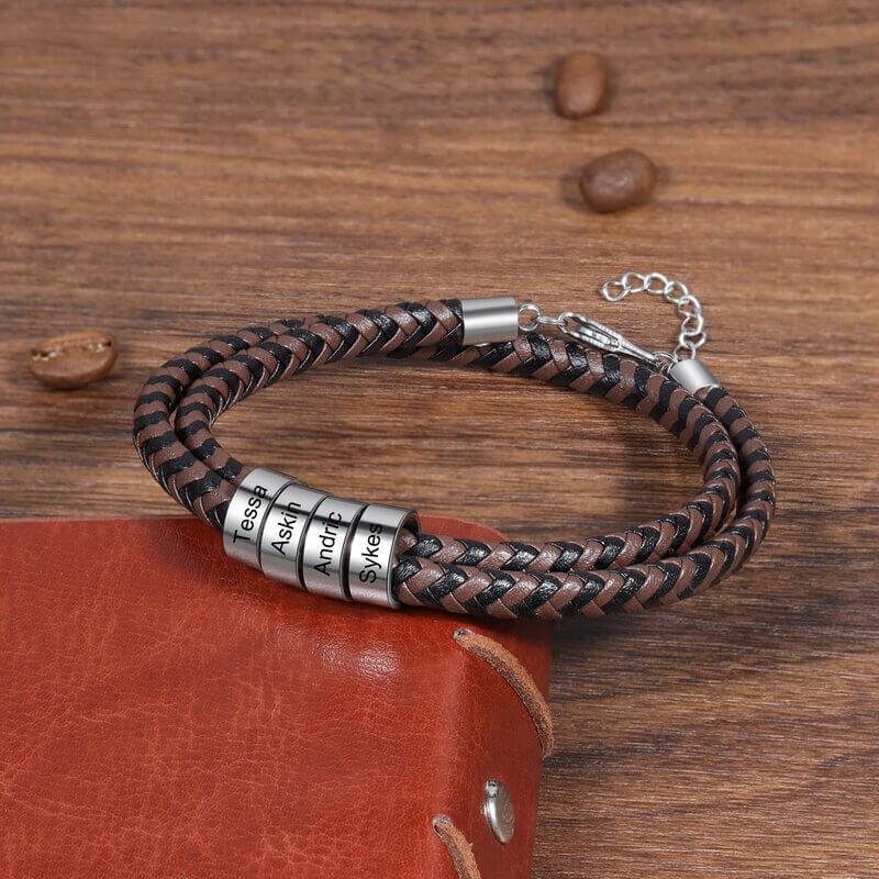 Personalised Men's Braided Leather Engraved Beads Name Bracelet