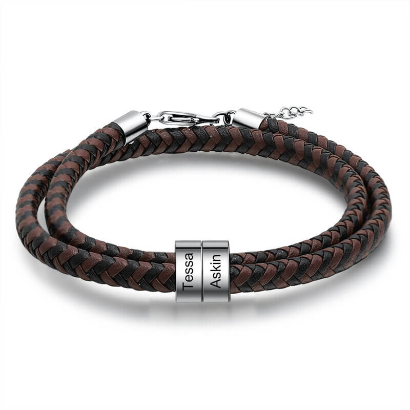 Personalised Men's Braided Leather Engraved Beads Name Bracelet