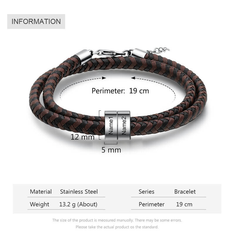 Personalised Men's Braided Leather Engraved Beads Name Bracelet