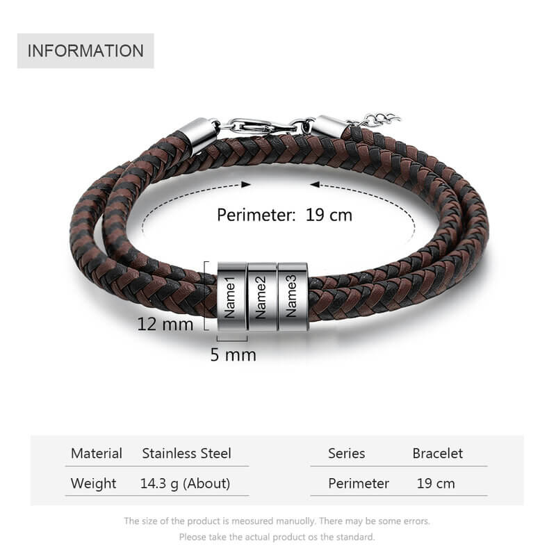 Personalised Men's Braided Leather Engraved Beads Name Bracelet