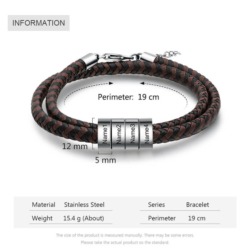 Personalised Men's Braided Leather Engraved Beads Name Bracelet