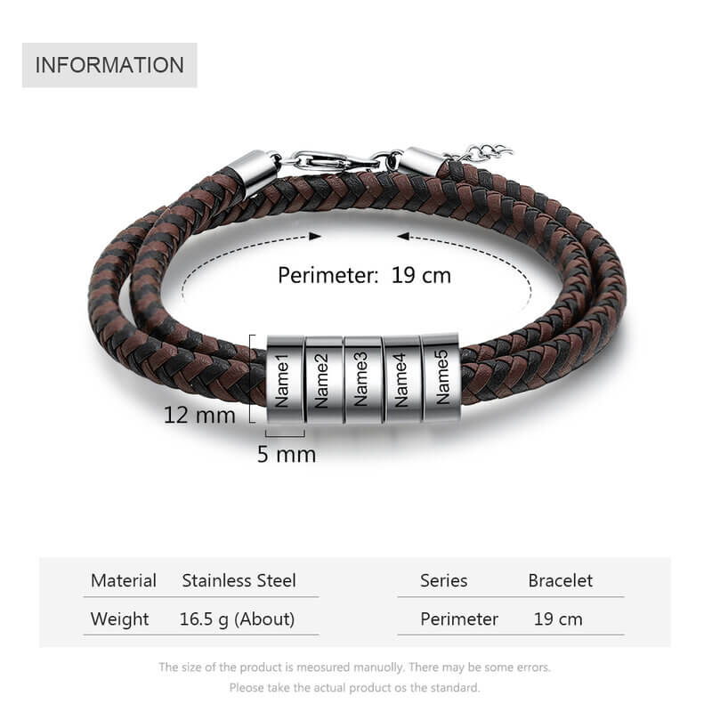 Personalised Men's Braided Leather Engraved Beads Name Bracelet