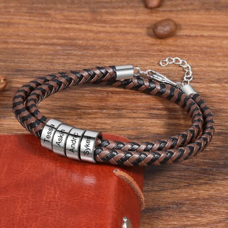 Personalised Men's Braided Leather Engraved Beads Name Bracelet