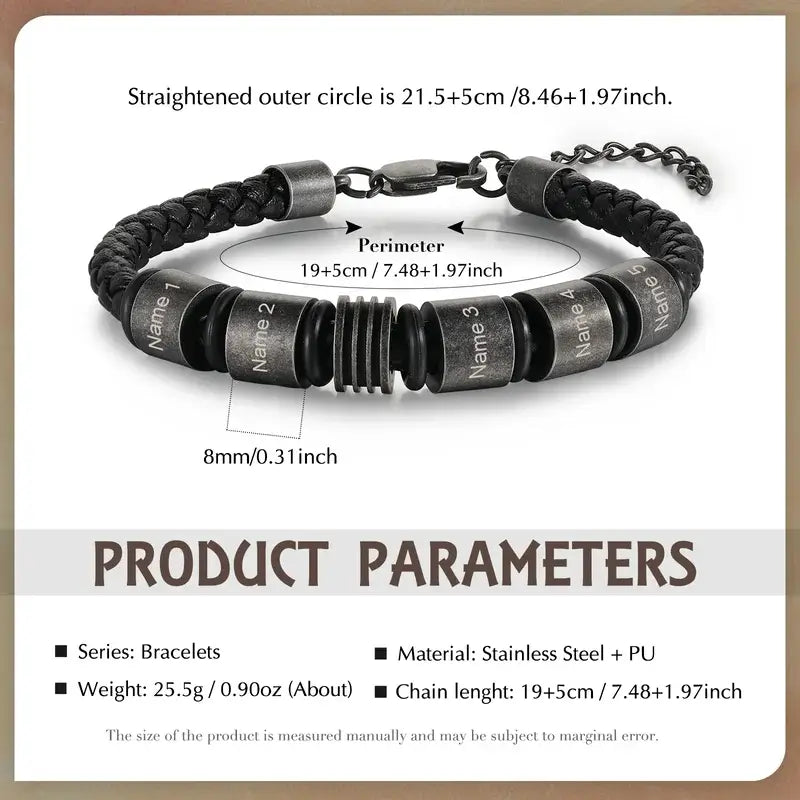 Personalised Mens Braided Leather Engraved Beads Name Bracelet