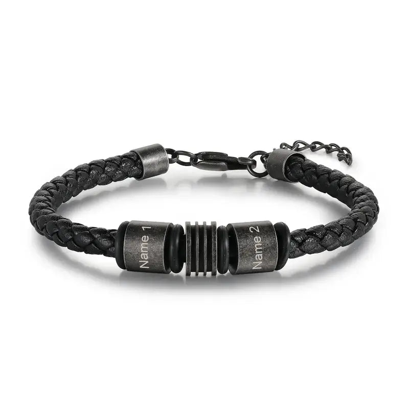 Personalised Mens Braided Leather Engraved Beads Name Bracelet