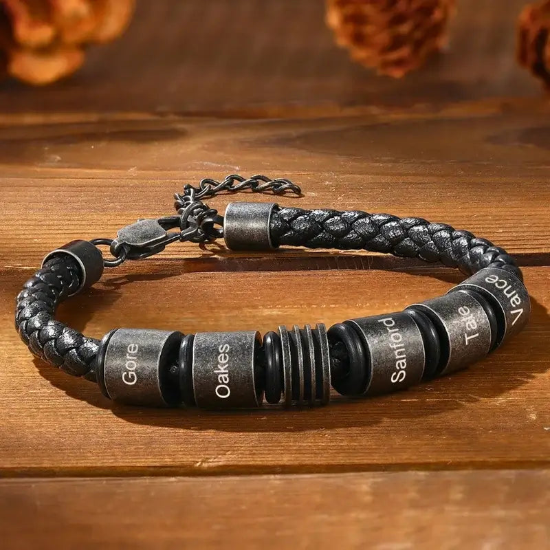Personalised Mens Braided Leather Engraved Beads Name Bracelet