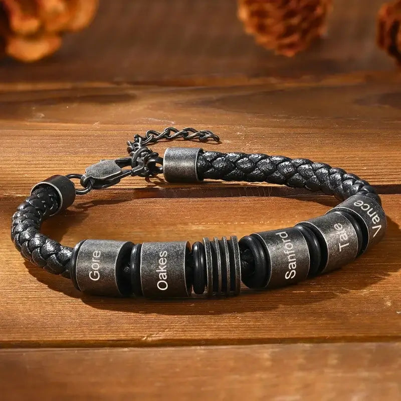 Mens braided leather bracelet personalized sales