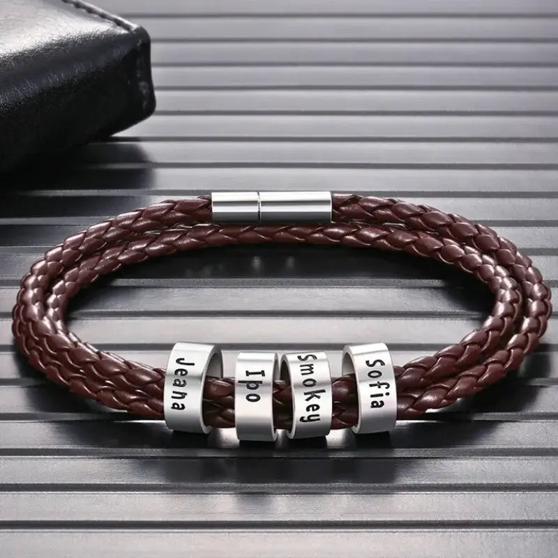 Personalised Men's Brown Leather Bracelet - Men's Engraved 4 Names Bracelet - Sterling Silver Beads