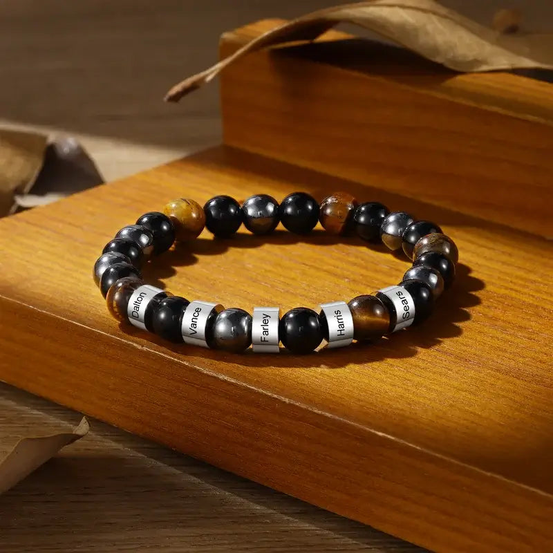 Men's Engraved Names Gemstone Beads Personalised Bracelet