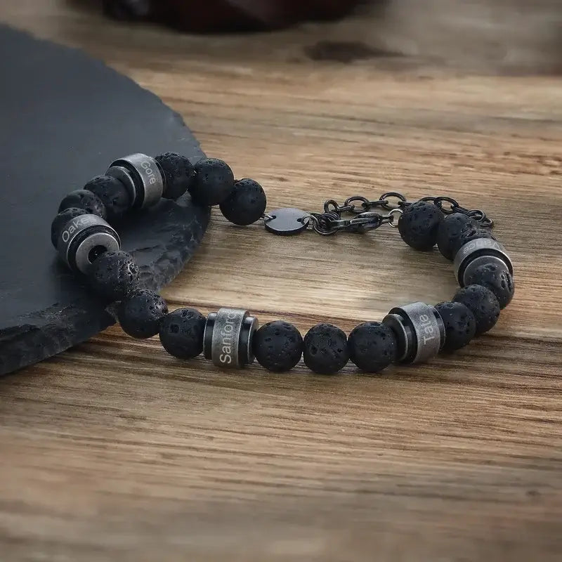 Personalised Men's Lava Stone Beaded Engraved Name Bracelet