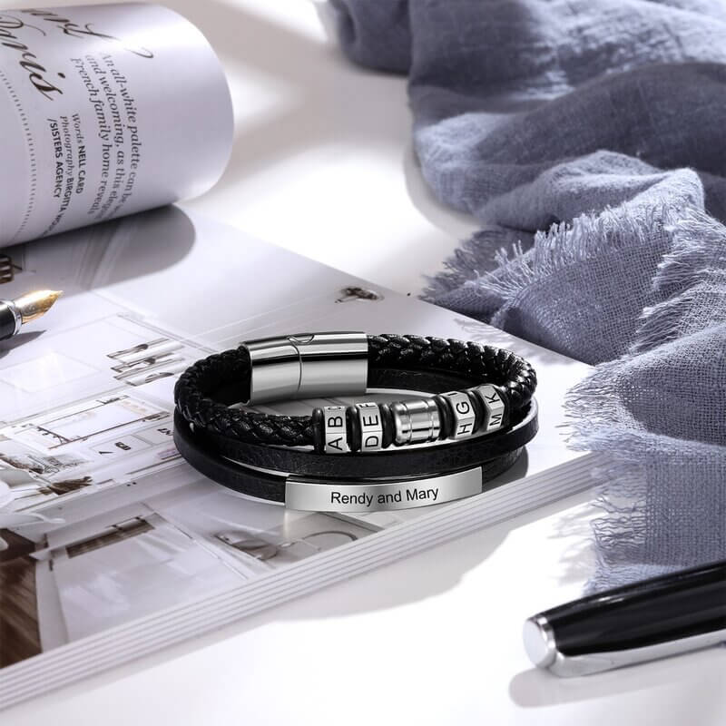 Personalised Men's Layered Leather Engraved Bar Bracelet with Engraved Beads