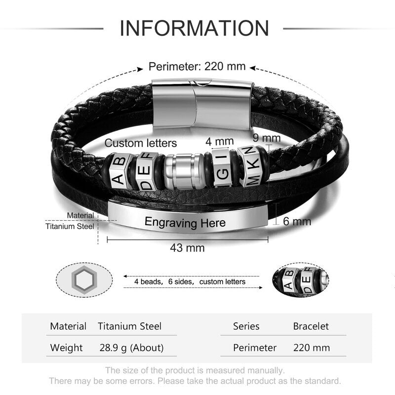 Personalised Men's Layered Leather Engraved Bar Bracelet with Engraved Beads