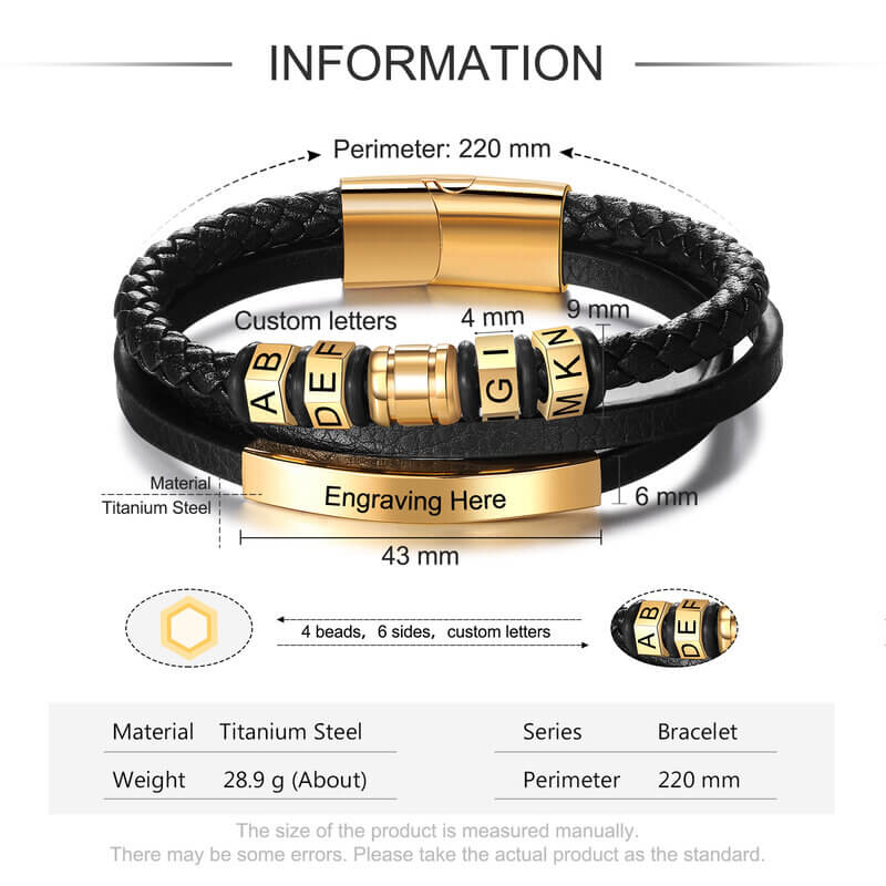 Personalised Men's Layered Leather Engraved Bar Bracelet with Engraved Beads