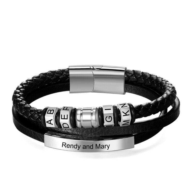 Personalised Men's Layered Leather Engraved Bar Bracelet with Engraved Beads