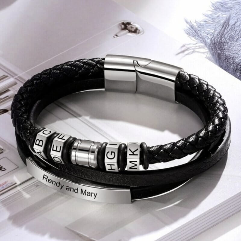 Personalised Men's Layered Leather Engraved Bar Bracelet with Engraved Beads