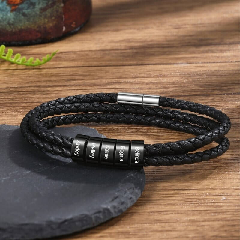 Personalised Men's Leather Beads Bracelet with Engraved 2-5 Names