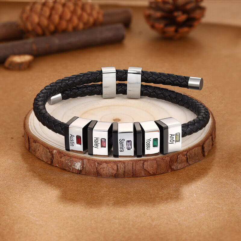 Personalised Men's Leather Birthstones Bracelet with Engraved Names