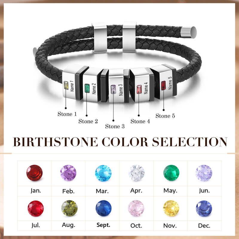 Personalised Men's Leather Birthstones Bracelet with Engraved Names