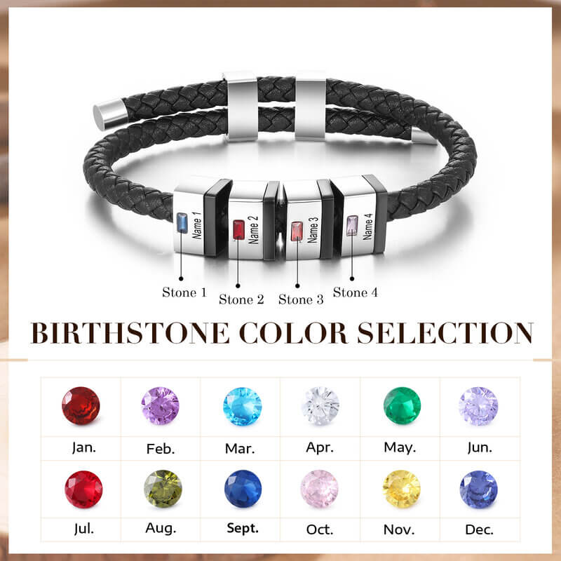 Personalised Men's Leather Birthstones Bracelet with Engraved Names