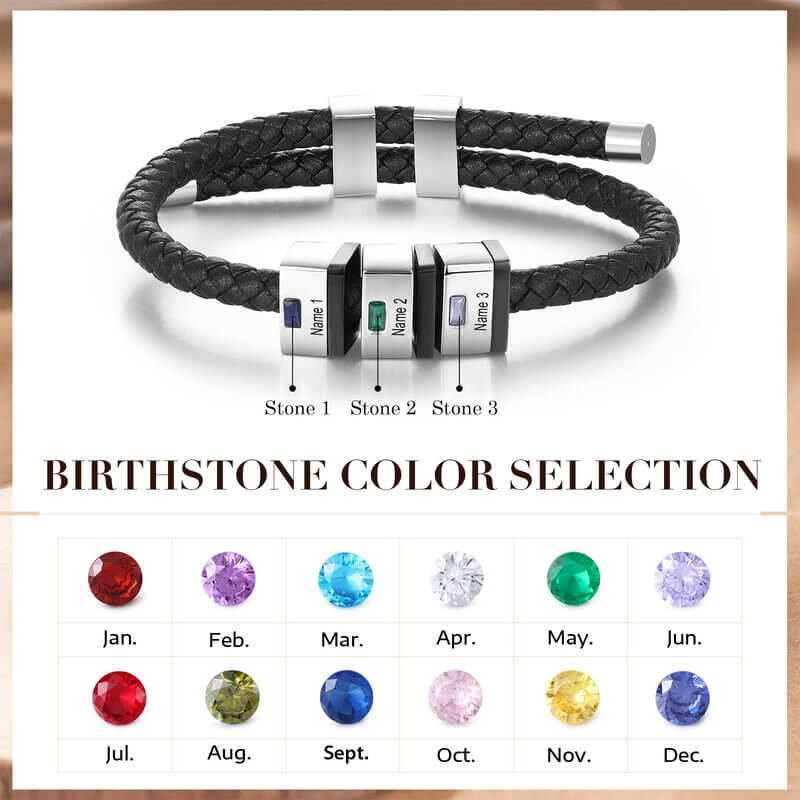 Personalised Men's Leather Birthstones Bracelet with Engraved Names