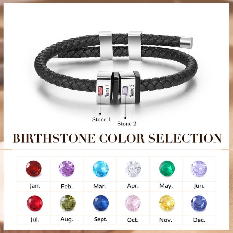 Personalised Men's Leather Birthstones Bracelet with Engraved Names