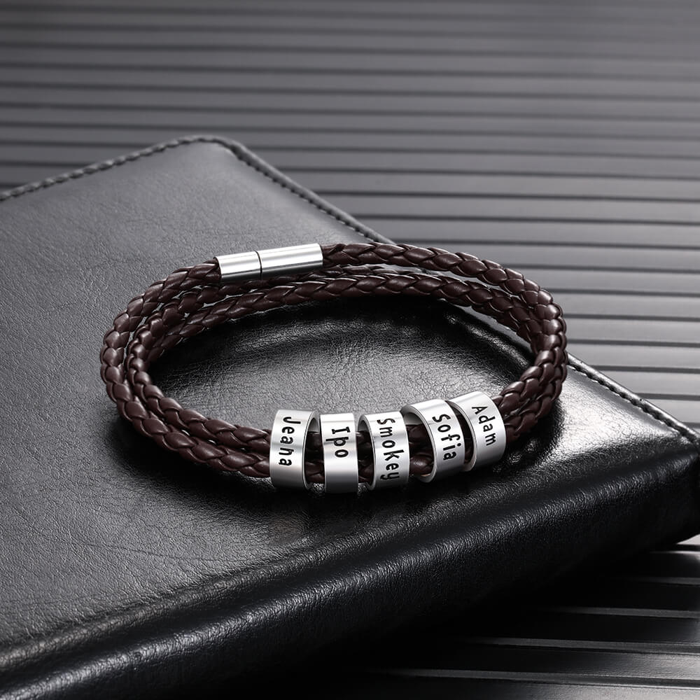 Personalised Men's Brown Leather Bracelet - Men's Engraved 5 Names Bracelet - Sterling Silver Beads