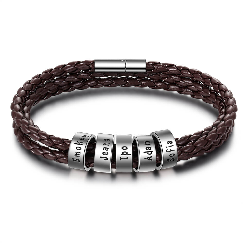 Personalised Men's Brown Leather Bracelet - Men's Engraved 5 Names Bracelet - Sterling Silver Beads