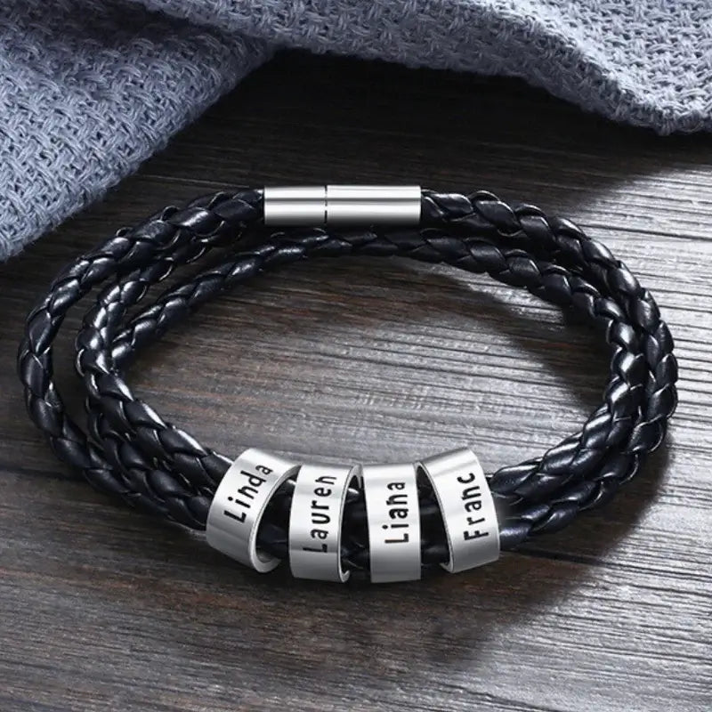 Personalised Men's Leather Bracelet - Men's Engraved 4 Names Bracelet - Sterling Silver Beads