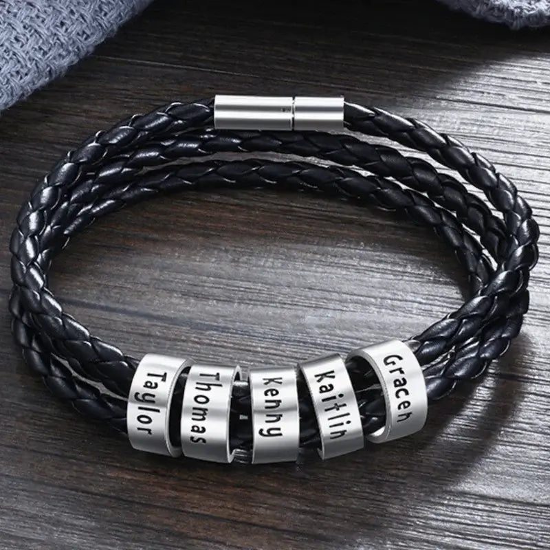 Personalised Men's Leather Bracelet - Men's Engraved 5 Names Bracelet - Sterling Silver Beads