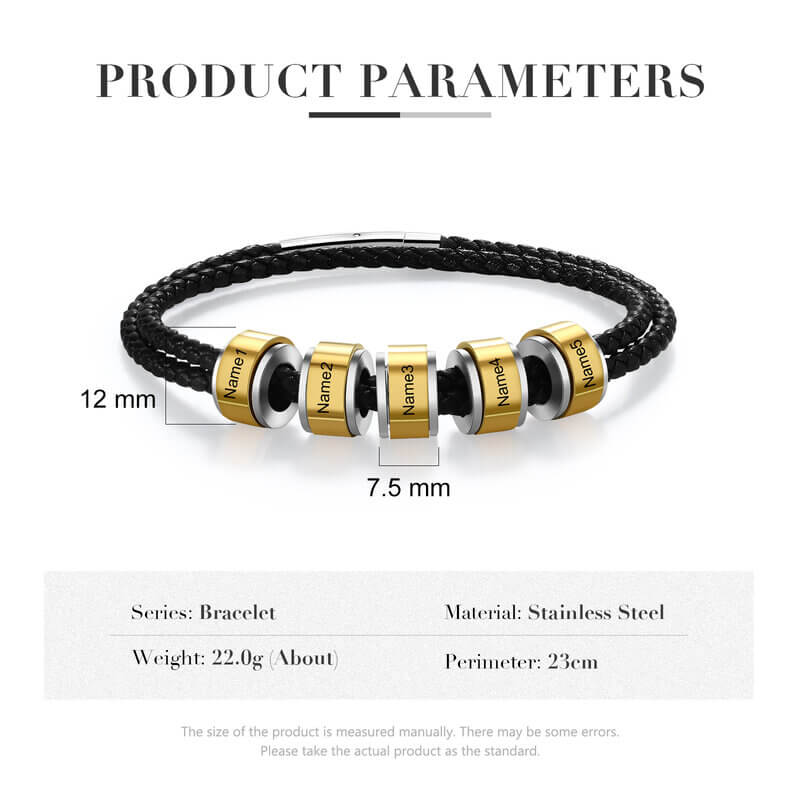 Personalised Men's Leather Bracelet - Engraved Names Bracelet 1-5 Gold Beads