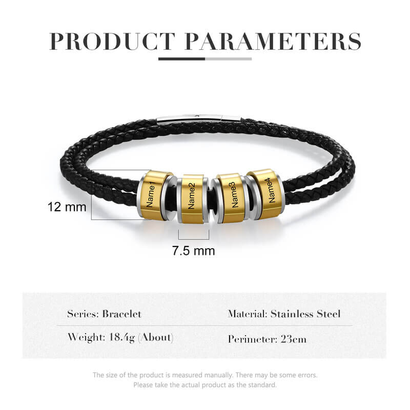 Personalised Men's Leather Bracelet - Engraved Names Bracelet 1-5 Gold Beads