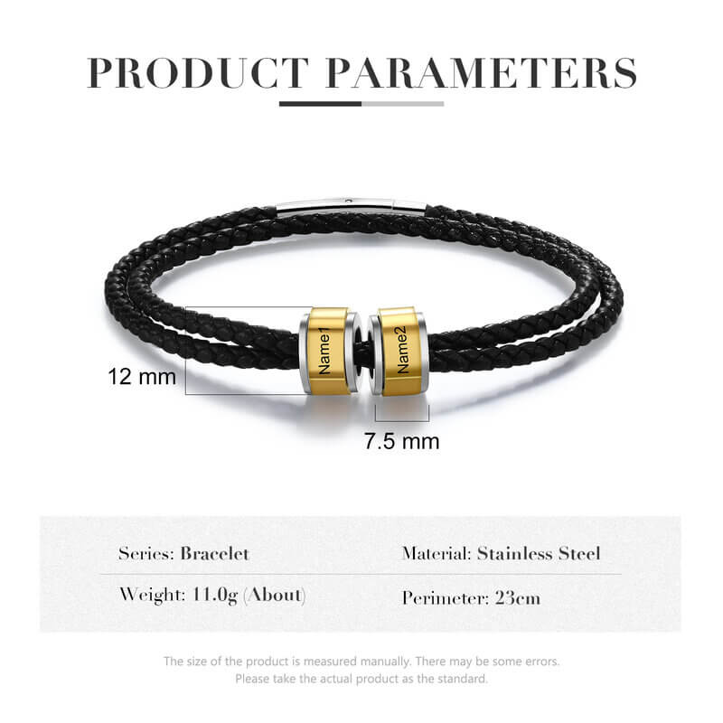 Personalised Men's Leather Bracelet - Engraved Names Bracelet 1-5 Gold Beads