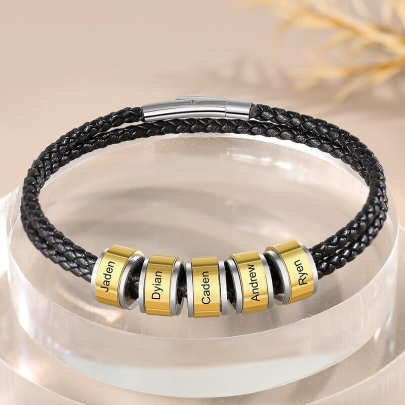 Personalised Men's Leather Bracelet - Engraved Names Bracelet 1-5 Gold Beads