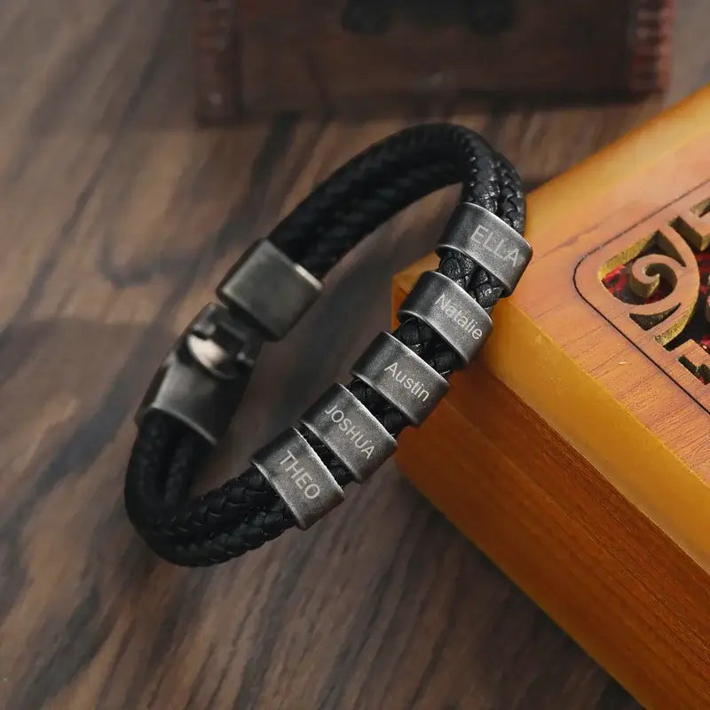 Men's Personalised Leather Black Bracelet with 2-5 Black Engraved Beads