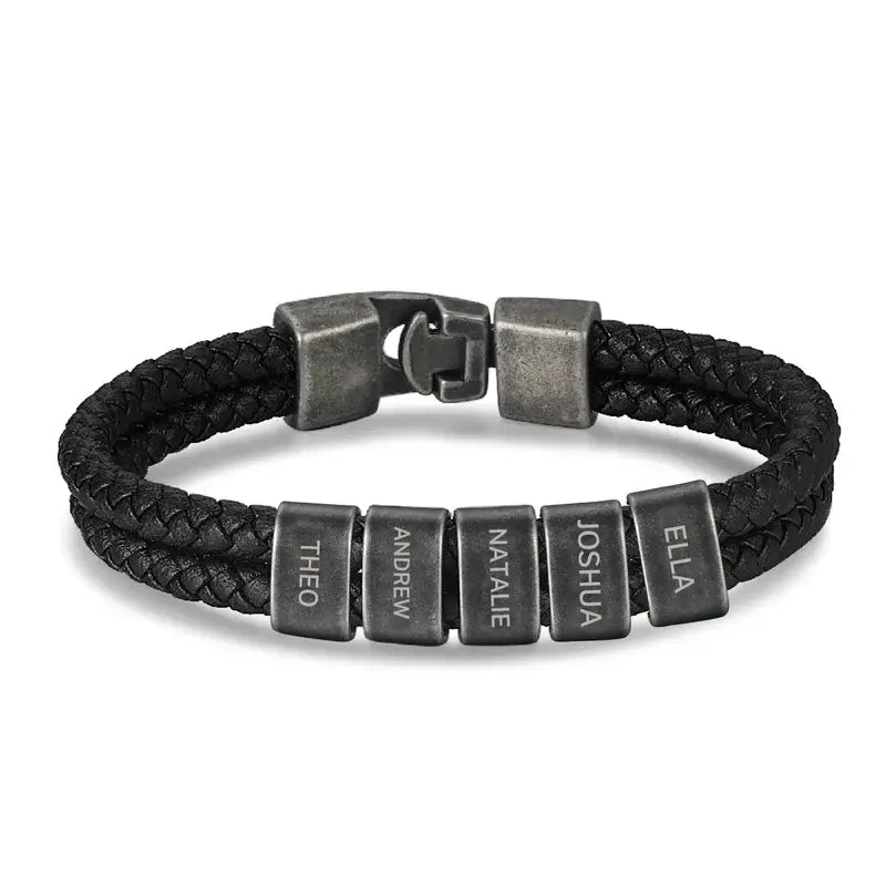 Men's Personalised Leather Black Bracelet with 2-5 Black Engraved Beads