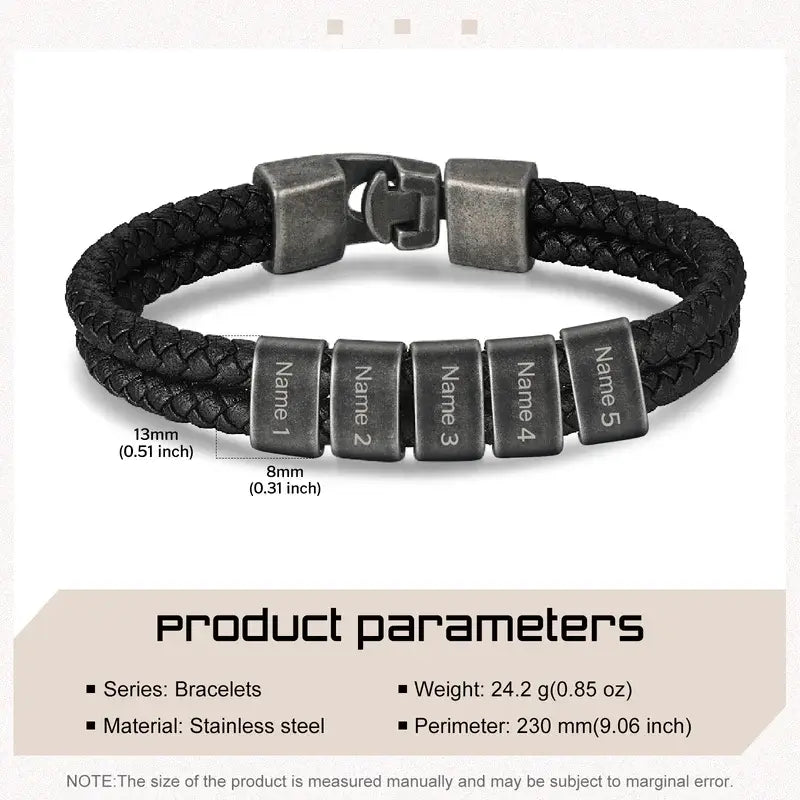 Men's Personalised Leather Black Bracelet with 2-5 Black Engraved Beads