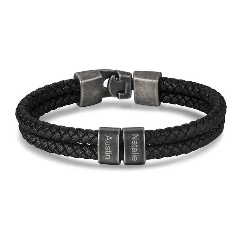 Men's Personalised Leather Black Bracelet with 2-5 Black Engraved Beads
