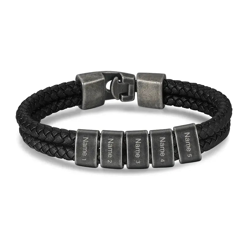 Men's Personalised Leather Black Bracelet with 2-5 Black Engraved Beads