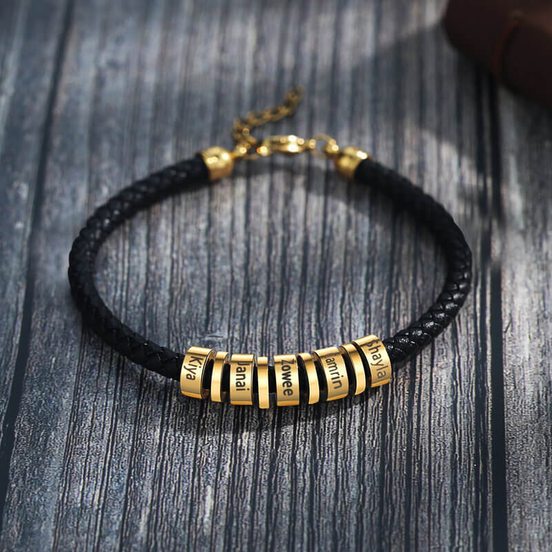 Personalised Men's Leather Bracelet with Five Gold Engraved Beads
