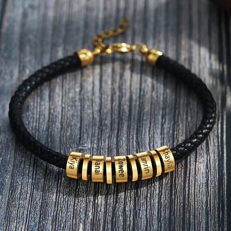 Personalized gold leather bracelet 3 names for men - ZYMALA