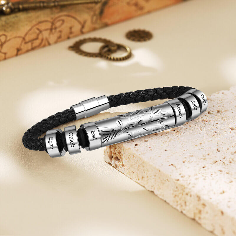 Personalised Men's Leather Name Bracelet 2-6 Engraved Beads