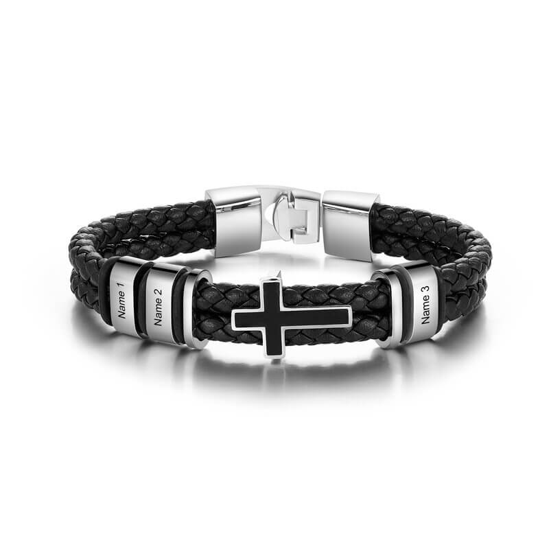 Personalised Men's Leather Name Bracelet Cross Charm 2-4 Engraved Beads