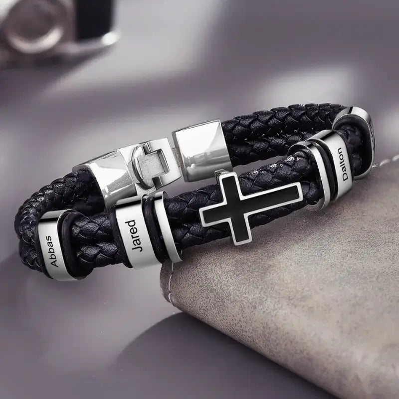 Personalised Men's Leather Name Bracelet Cross Charm 2-4 Engraved Beads