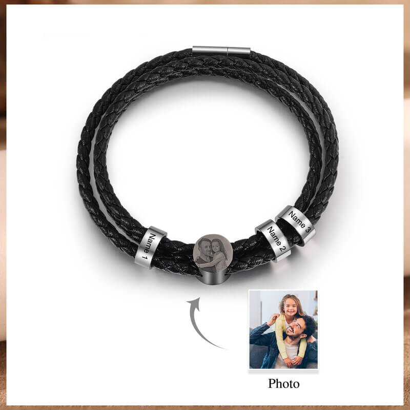 Personalised Men's Leather Photo Engraved Bracelet with Three Engraved Names