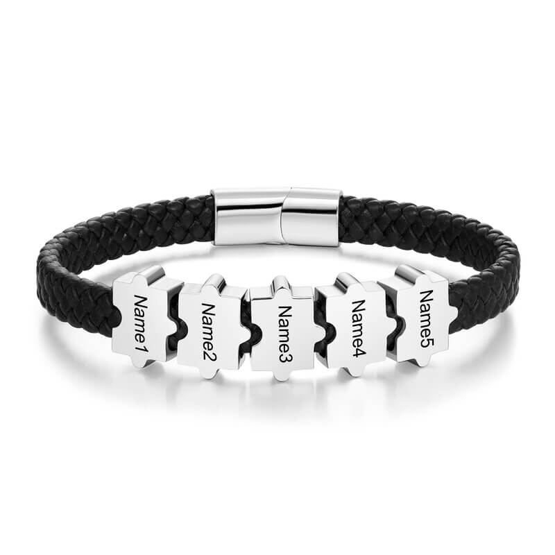 Personalised Men's Leather Bracelet with 2-5 Engraved Puzzle Beads