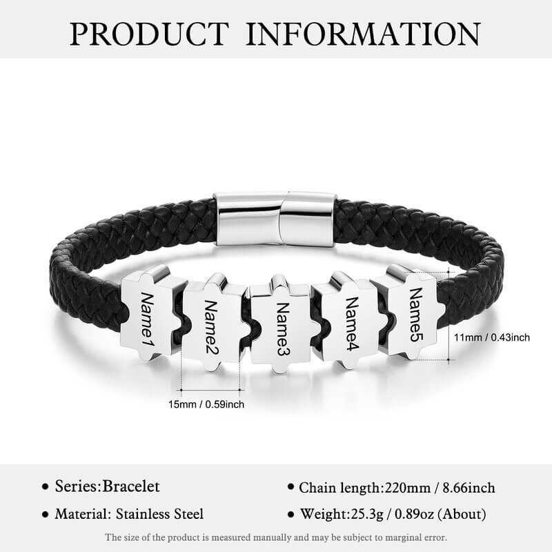 Personalised Men's Leather Bracelet with 2-5 Engraved Puzzle Beads